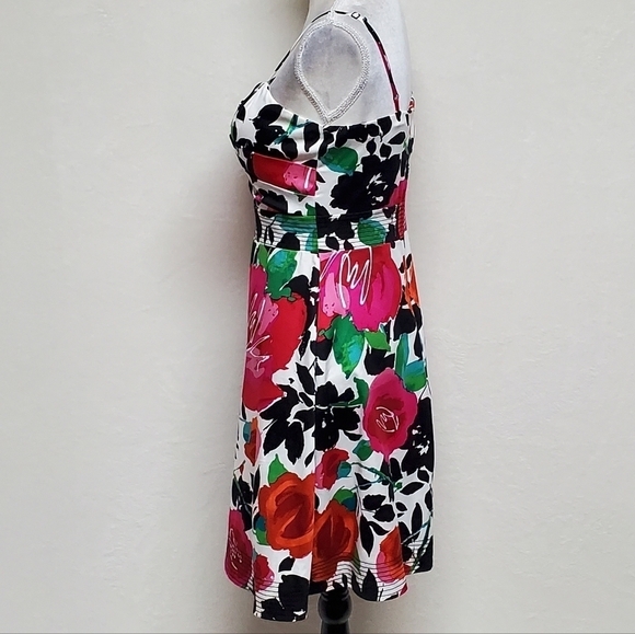 B. Smart Abstract Watercolor Floral Sweetheart V-neck Pin-up A-line Mini Dress - Picture 8 of 14